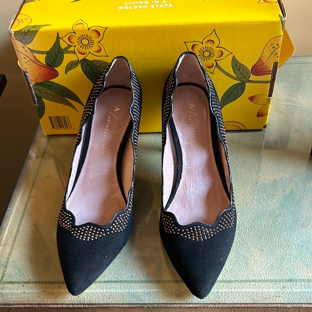 Anthropologie Scalloped Studded Black Suede Pumps Heels